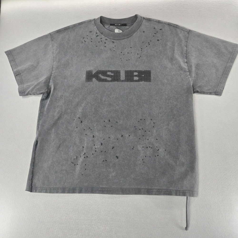 Ksubi T-Shirt Distressed Logo Tee Charcoal Grey Deconstructed Cotton XL - Picture 1 of 15